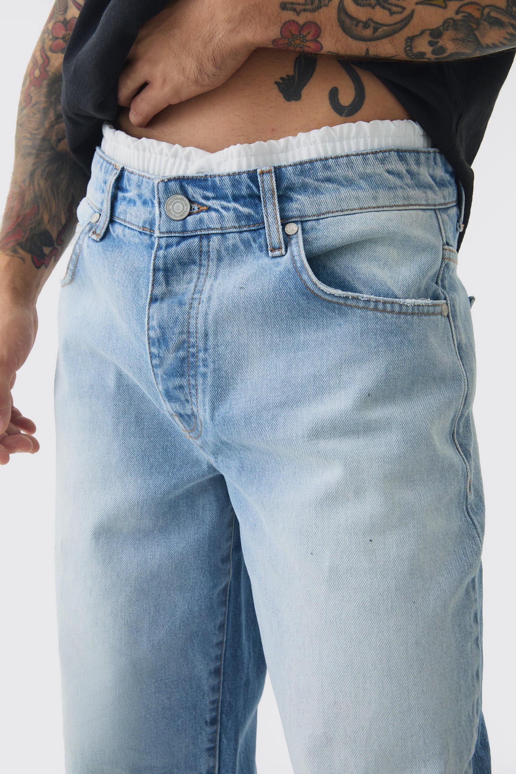 Baggy Rigid Double Waistband Denim Jeans In Light Blue | boohooMAN USA Product Image