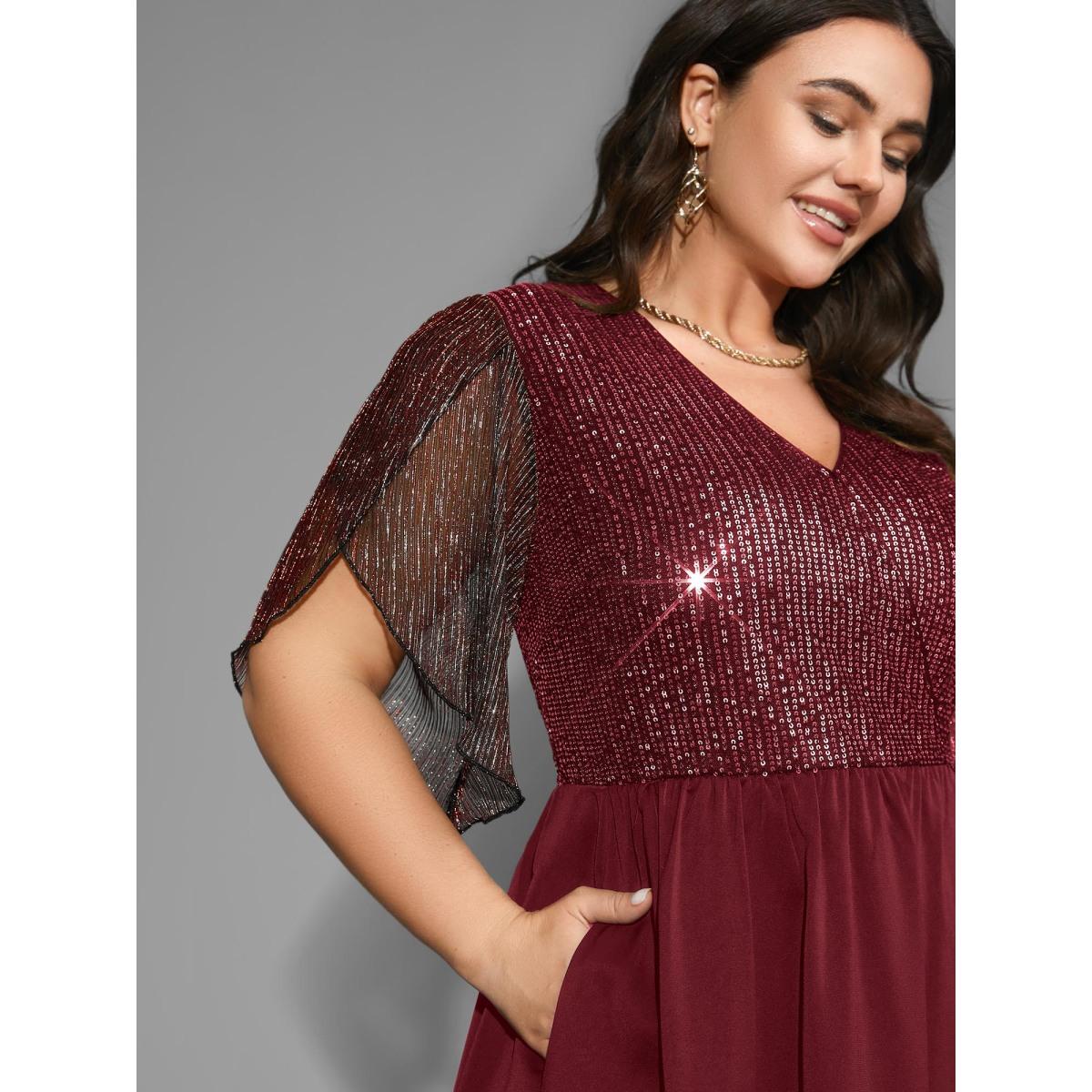Plus Size Sequin Mesh Petal Sleeve Midi Dress Burgundy Women Cocktail Overlapping Party Curvy Bloomchic 18-20/2X Product Image