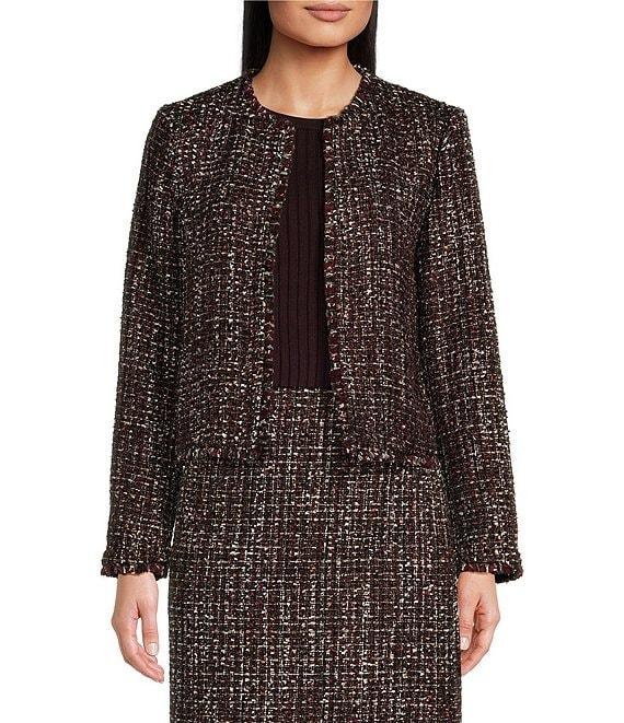 Calvin Klein Tweed Open Front Round Neck Coordinating Cropped Jacket Product Image
