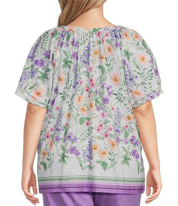 Allison Daley Plus Size Wildflower Border Print Flutter Sleeve Tassel Tie Neck Knit Top Product Image