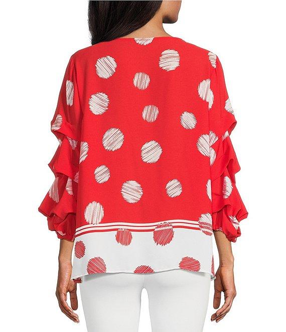Slim Factor By Investments Kara Poppy Red Scribble Dots Boat Neck 3/4 Tiered Sleeve Top Product Image