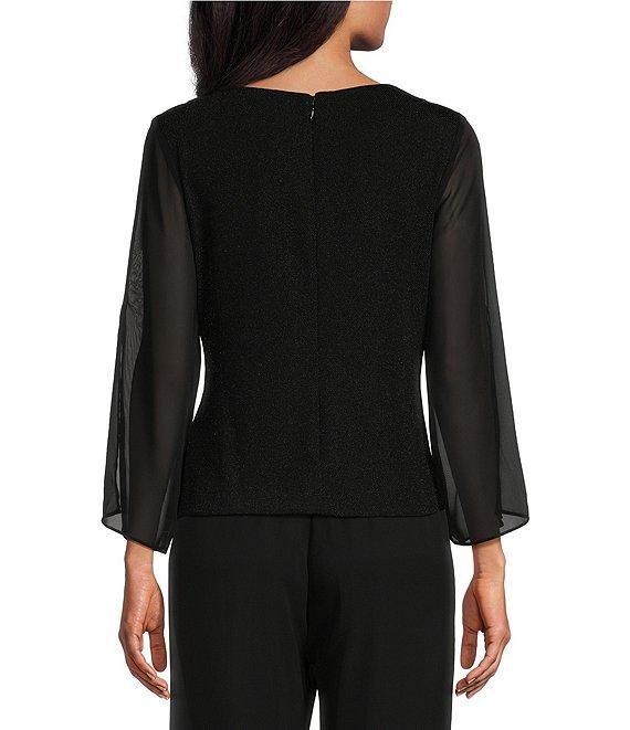 Alex Evenings Sheer 3/4 cold Shoulder Sleeve Crew Neck Metallic Knit Beaded Detail Blouse Product Image