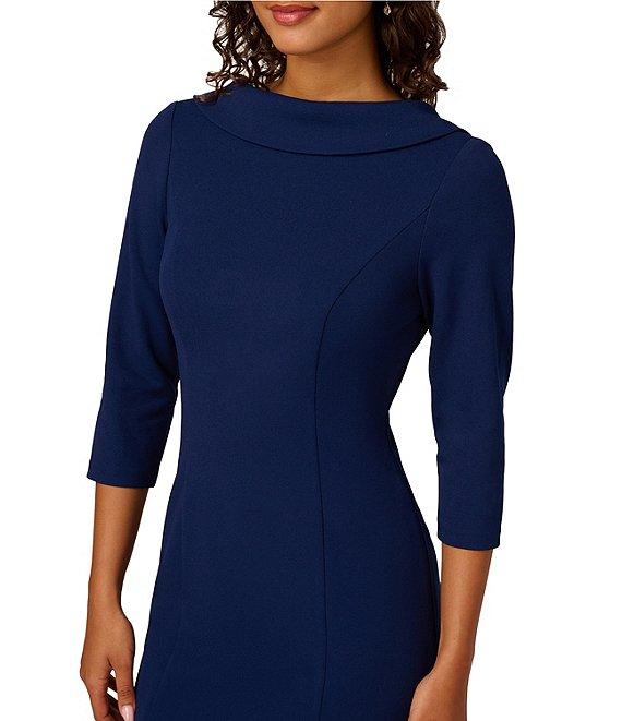 Adrianna Papell Crepe Drape Boat Neck 3/4 Sleeve Open V-Back Bow Dress Product Image
