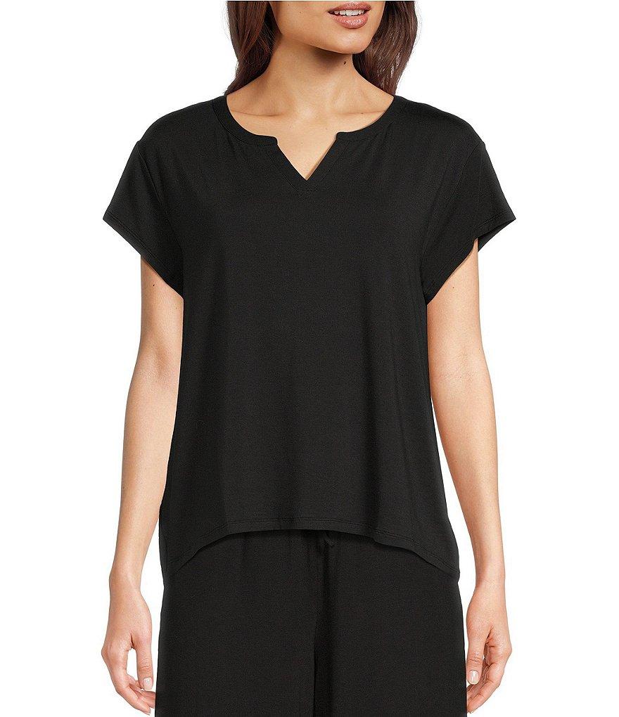 Nottibianche Split Round Neck Short Sleeve Coordinating Solid Knit Sleep Top Product Image