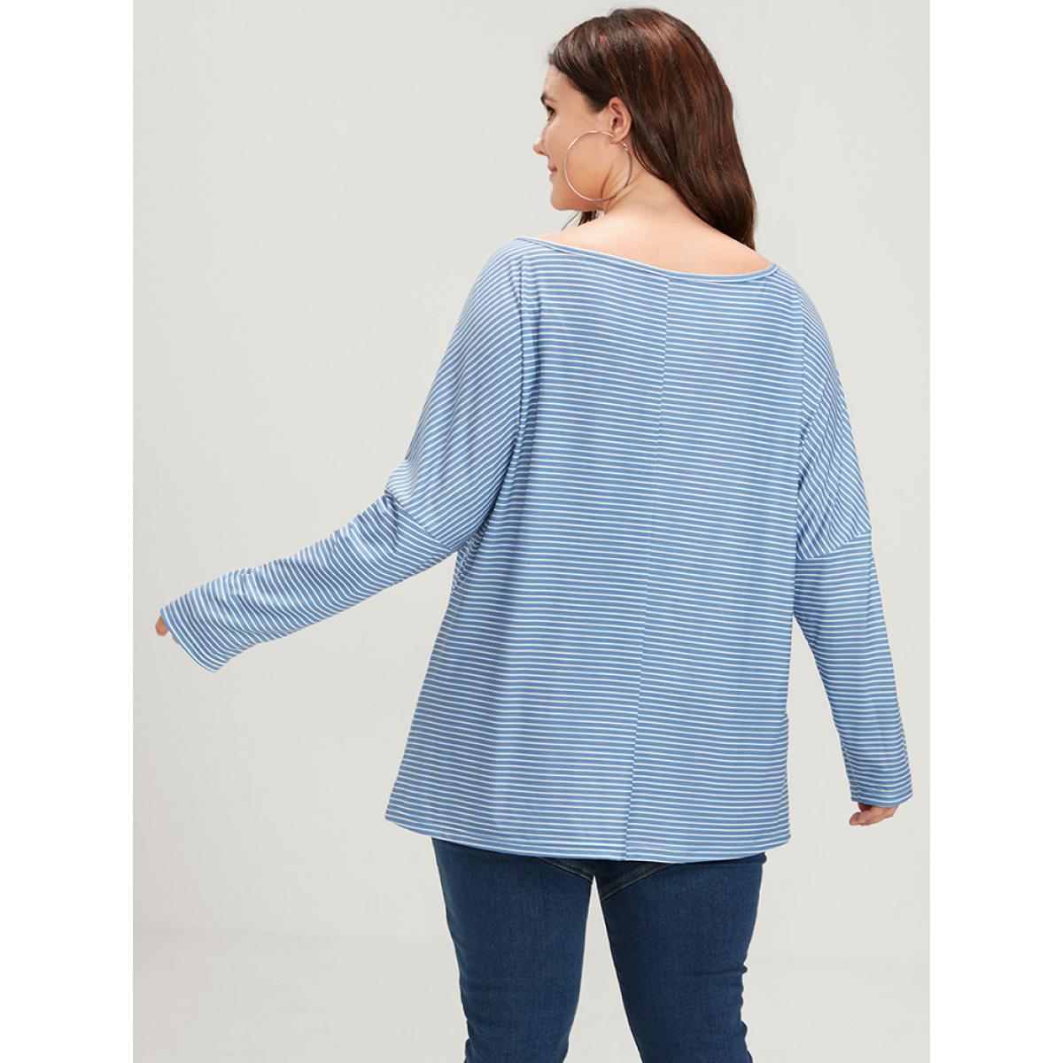 Plus Size Striped Print Scoop Neck Long Tee Blue Women Casual Striped Scoop Neck Loose Dailywear T-shirts BloomChic 12/L Product Image