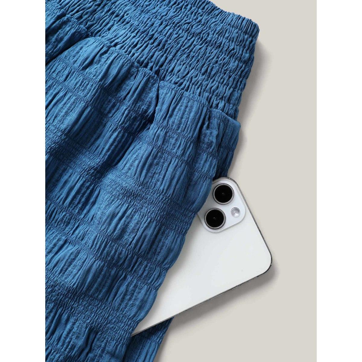 Plus Size Textured Shirred Waist Tie Shorts Women Mediumblue Timeless Texture Loose Elegant Shorts BloomChic 28/5X Product Image