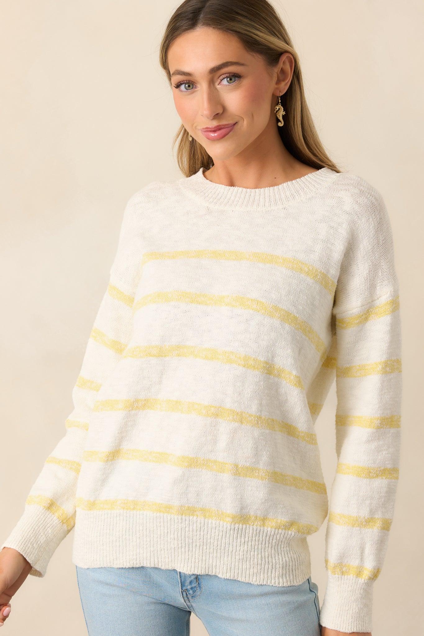 My Day Off Ivory & Yellow Cotton Stripe Sweater Product Image