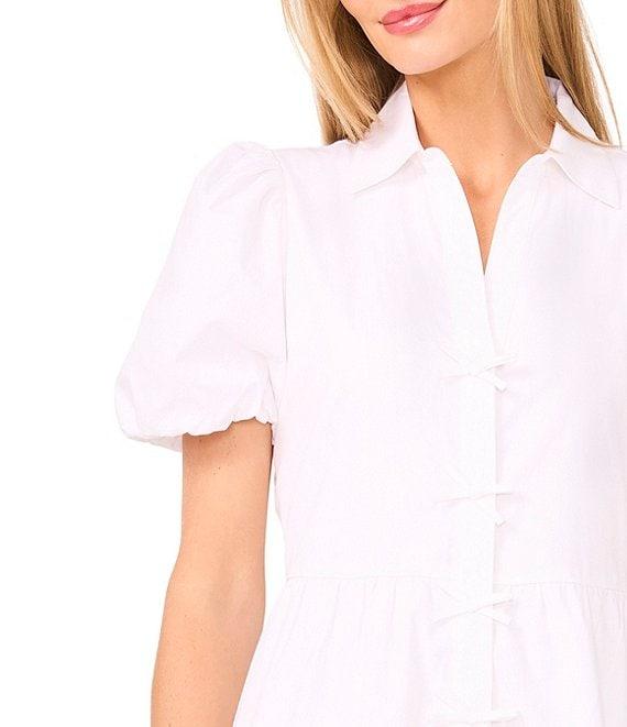 CeCe Woven Collared Neckline Short Bubble Sleeve Bow Tiered Midi Dress Product Image