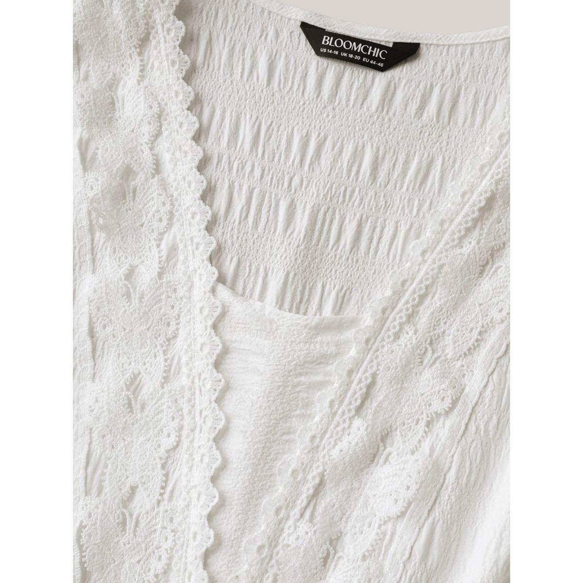 Plus Size Textured Lace Waist-Tie Midi Dress WhiteSmoke Women Tie knot Overlap Collar Elbow-length sleeve Curvy BloomChic 12/L Product Image