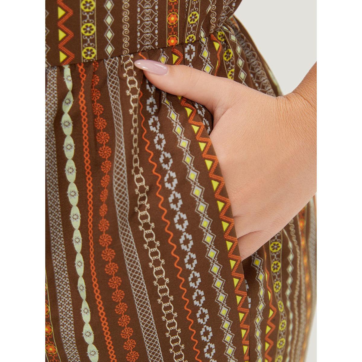 Plus Size DarkBrown Bandana Print Pocket Adjustable Straps Wrap Cami Jumpsuit Women Elegant Sleeveless Spaghetti Strap Dailywear Loose Jumpsuits BloomChic 12/L Product Image