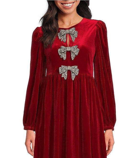 Sugarlips Jena Glow Velvet Crew Neck Long Sleeve Rhinestone Bow Midi Dress Product Image