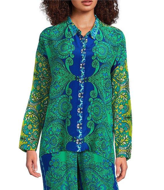 JOHNNY WAS Coordinating Audrey Silk Ornate Print Point Collar Long Sleeve Button Front Blouse Product Image
