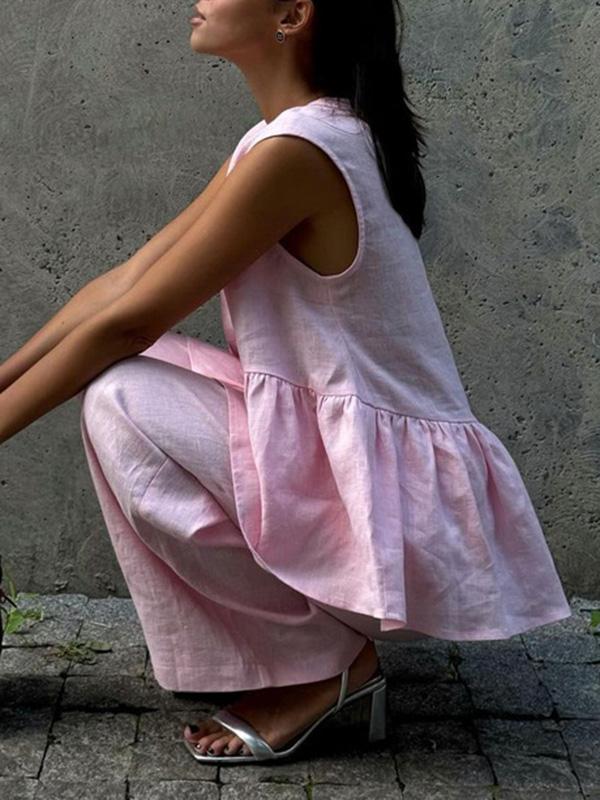 Loose Split-Joint Sleeveless Pleated V-Neck Vest + Pants Trousers Two Pieces Set Product Image