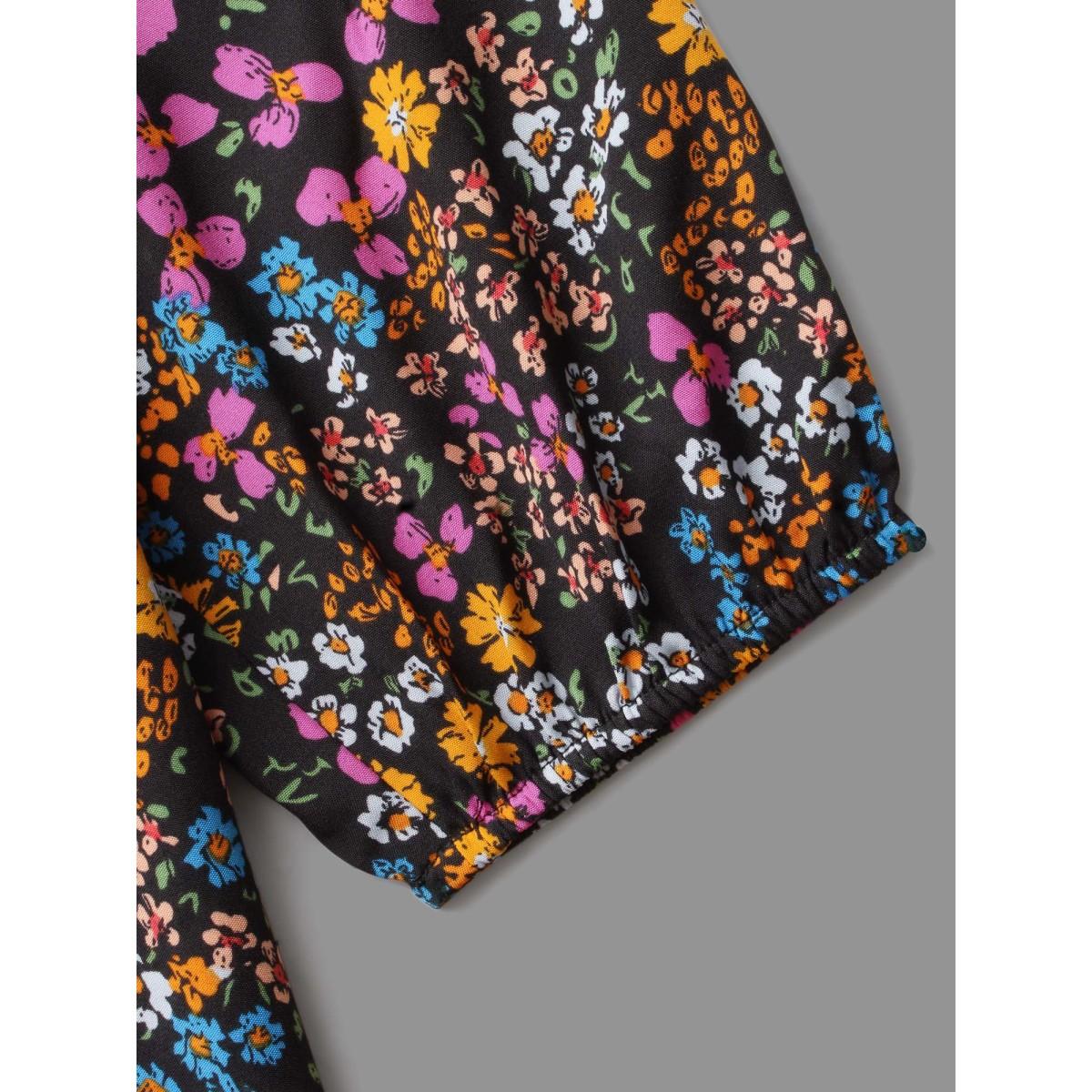 Plus Size Black Floral Smocked Waistline Surplice Neck Blouse Women Elegant Long Sleeve Overlap Collar Everyday Blouses BloomChic 12/L Product Image