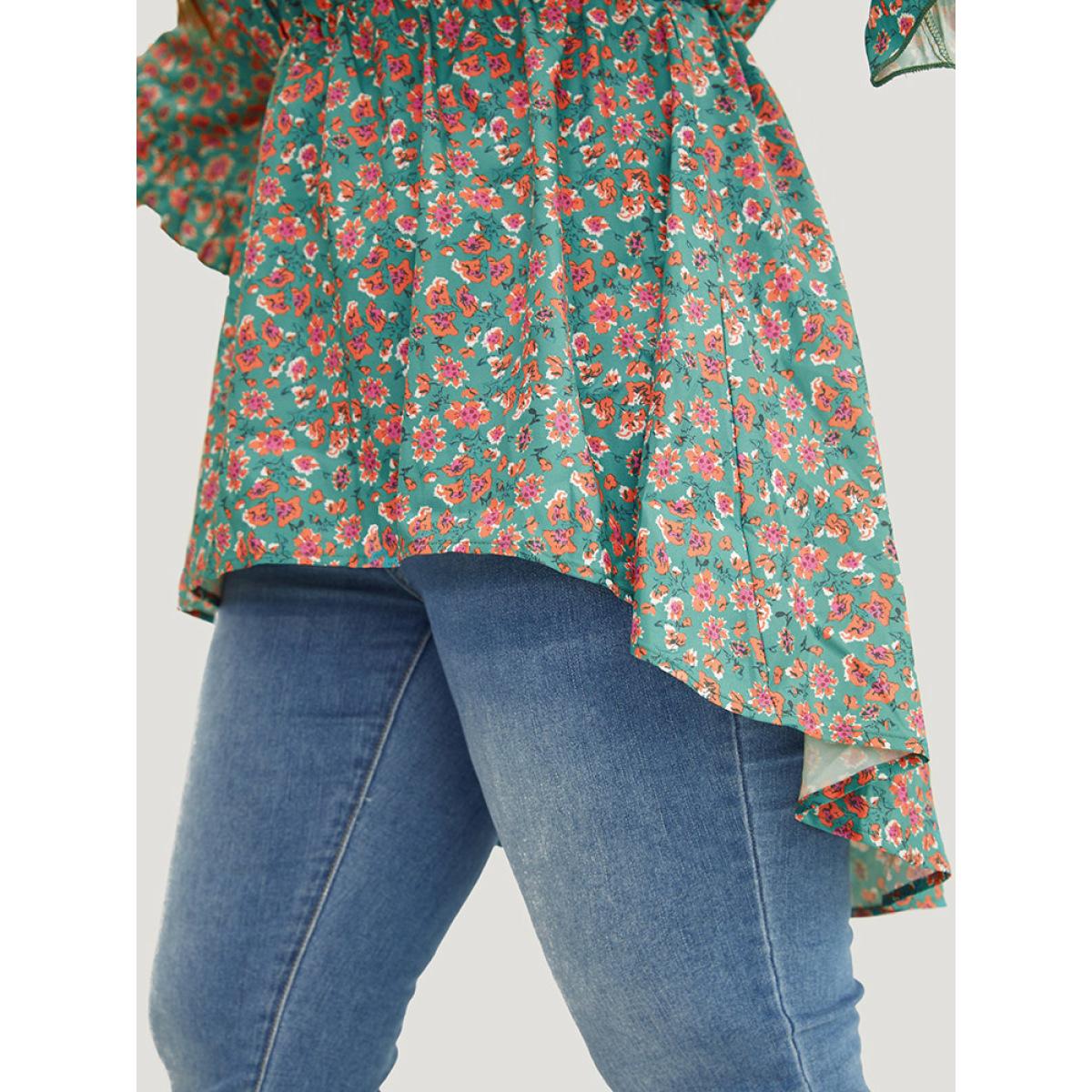 Plus Size Emerald Ditsy Floral Ruffle Sleeve Notched High Low Hem Blouse Women Elegant Short sleeve Notched collar Dailywear Blouses BloomChic 10/M Product Image
