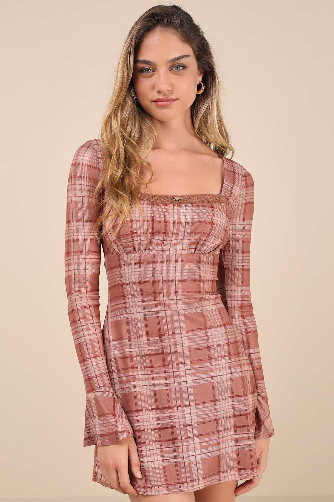 Especially Adored Light Brown Plaid Long Sleeve Mini Dress Product Image