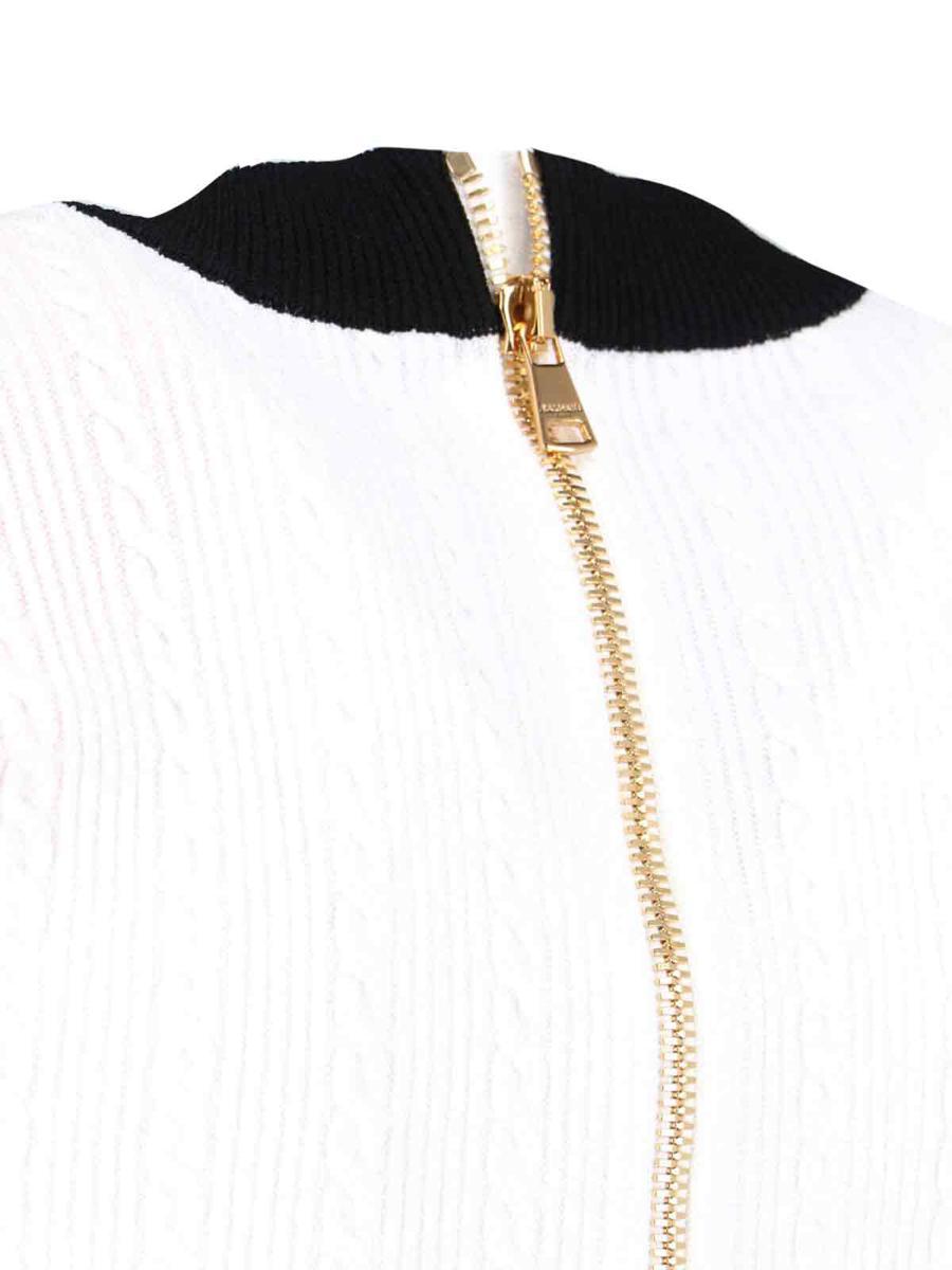 BALMAIN V-neck Buttoned Strong-shoulder Torsade Knit Mini Dress In White Product Image