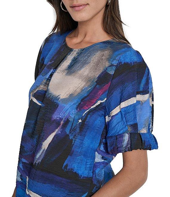 DKNY by Donna Karan Brush Stroke Print Crew Neck Rolled Puff Sleeve Blouse Product Image