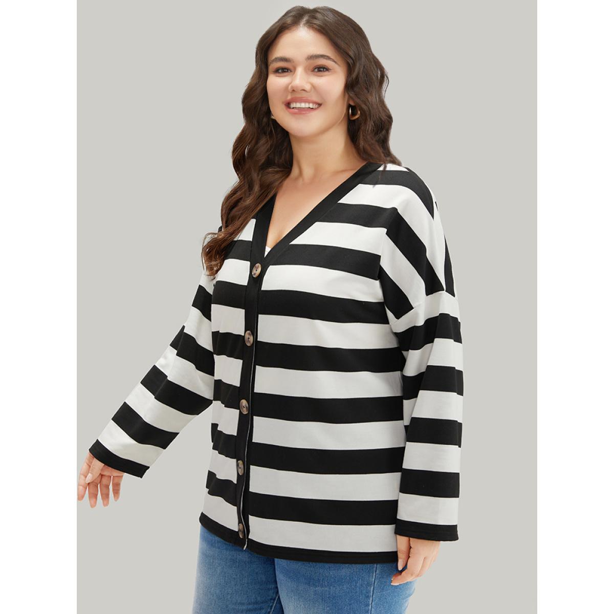 Plus Size Halloween Striped Button Through Jacket Women Black Casual Contrast Ladies Dailywear Winter Coats BloomChic 18-20/2X Product Image