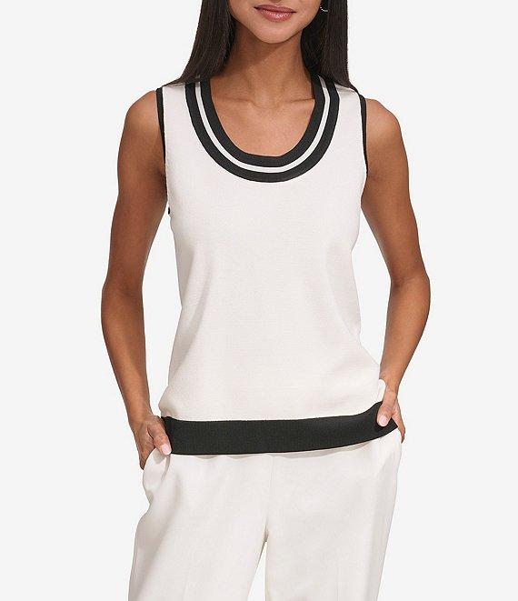 KARL LAGERFELD PARIS Knit Contrast Trim Scoop Neckline Sleeveless Tank Product Image