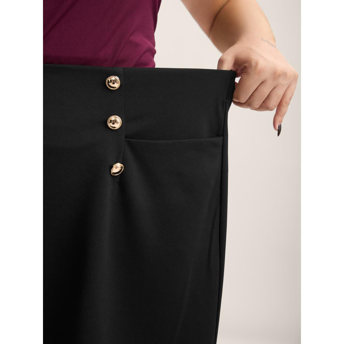Plus Size No-Gap Waist Button Detail Straight-Leg Shorts Women Black At the Office Button Straight Leg Work Shorts BloomChic 18-20/2X Product Image
