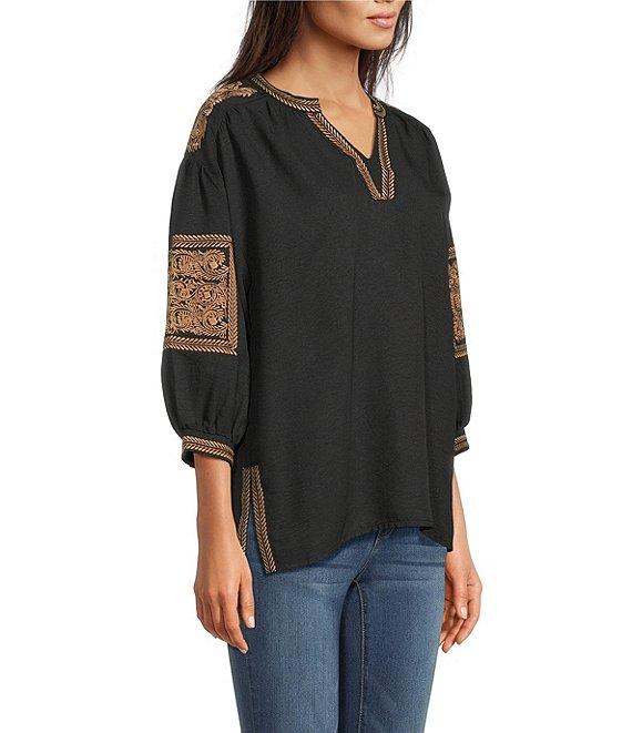 Calessa Petite Size Crinkle Textured Foulard Embroidered Split V-Neck 3/4 Sleeve Tunic Product Image