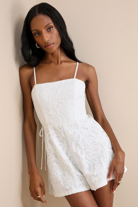 Exceedingly Poised White Lace Sleeveless Lace-Up Romper Product Image