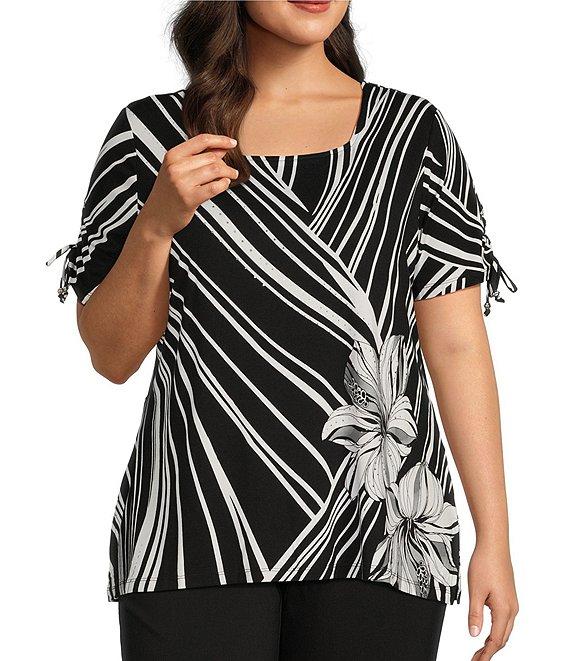 Allison Daley Plus Size Hibiscus Wave Print Short Ruched Tie Sleeve Square Neck Knit Top Product Image