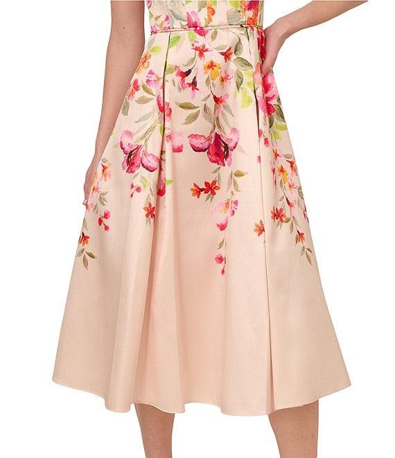 Adrianna Papell Square Neck Sleeveless Floral Print Mikado Midi Dress Product Image