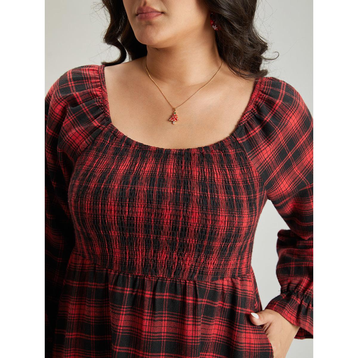 Plus Size Plaid Shirred Pocket Ruffle Trim Midi Dress Raspberry Women Elegant Gathered Square Neck Long Sleeve Curvy Midi Dress BloomChic 14-16/1X Product Image