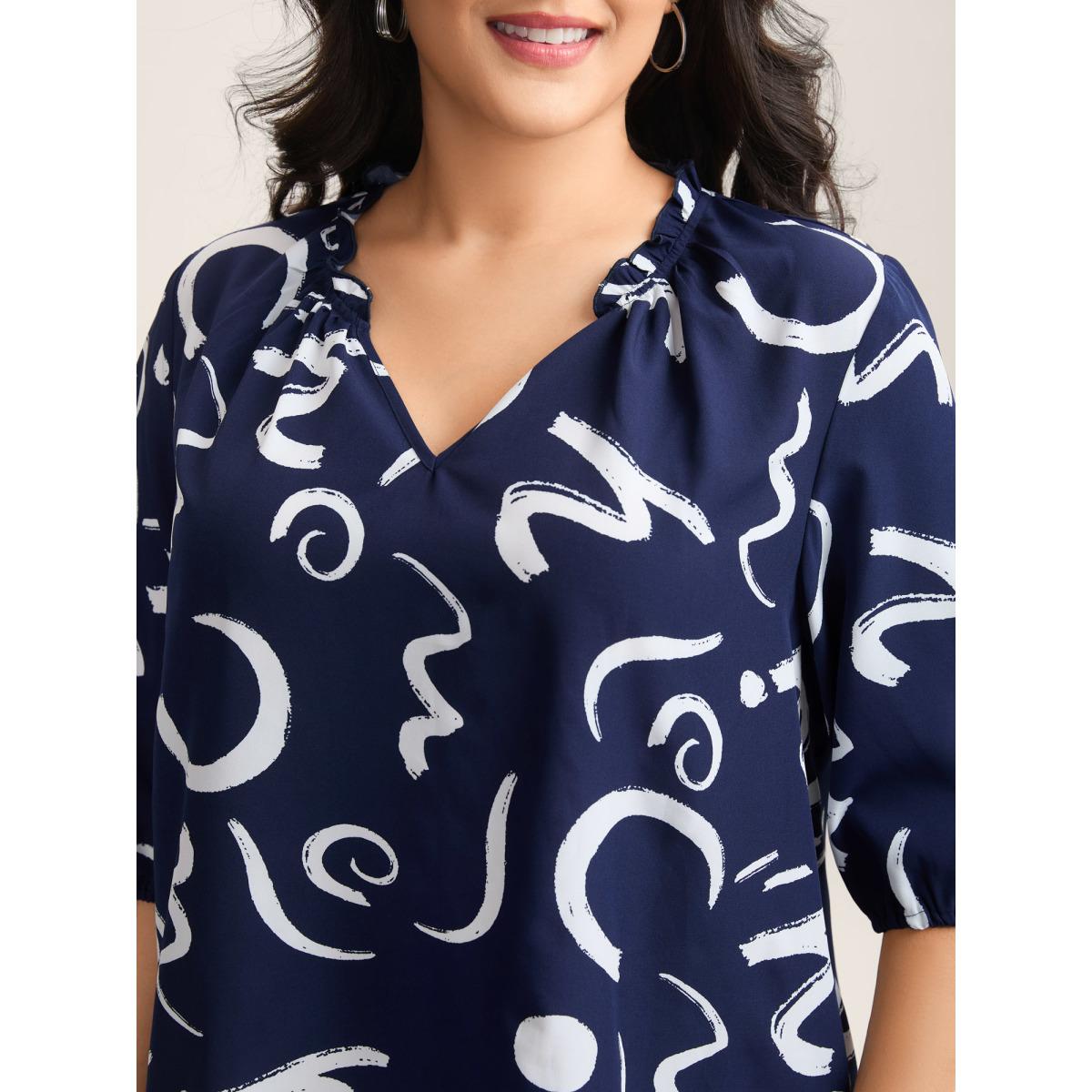 Plus Size Indigo Scribble Print Ruffled Split Neck Blouse Women Office Elbow-length sleeve Notched collar Office Blouses BloomChic 12/L Product Image