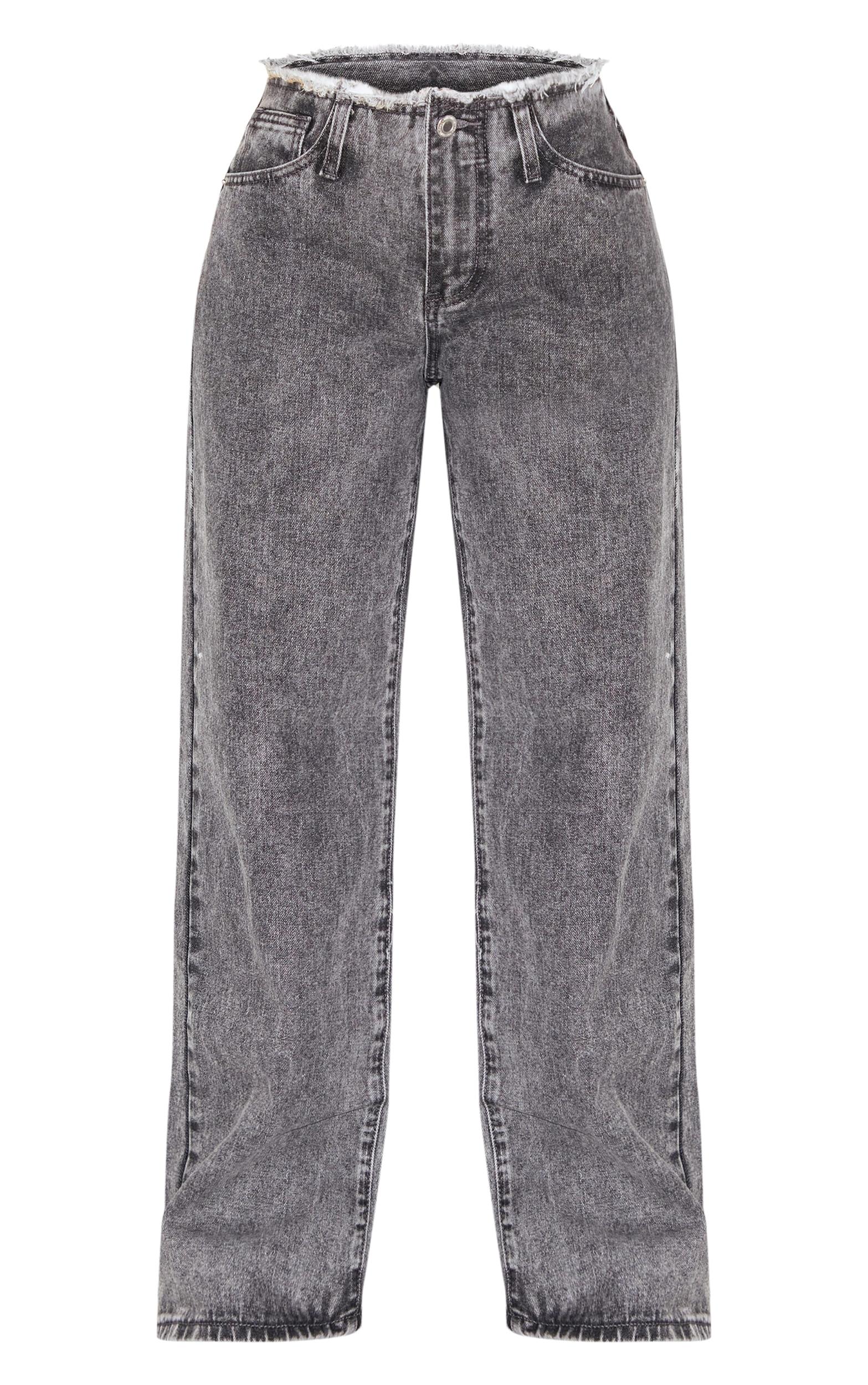 Petite Washed Grey Fray Waist Low Rise Straight Leg Jeans Product Image