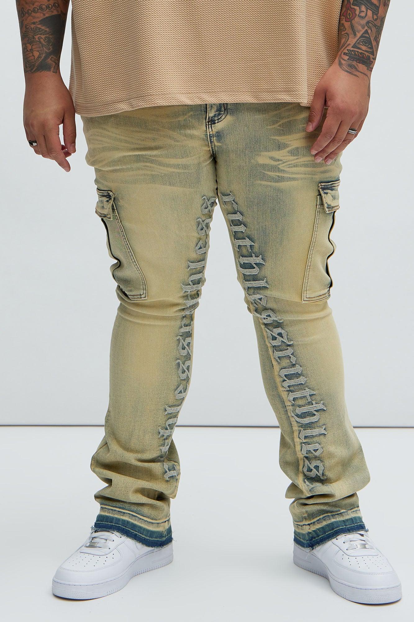 Ruthless Embroidered Stacked Skinny Cargo Flare Jeans - Vintage Blue Wash Product Image