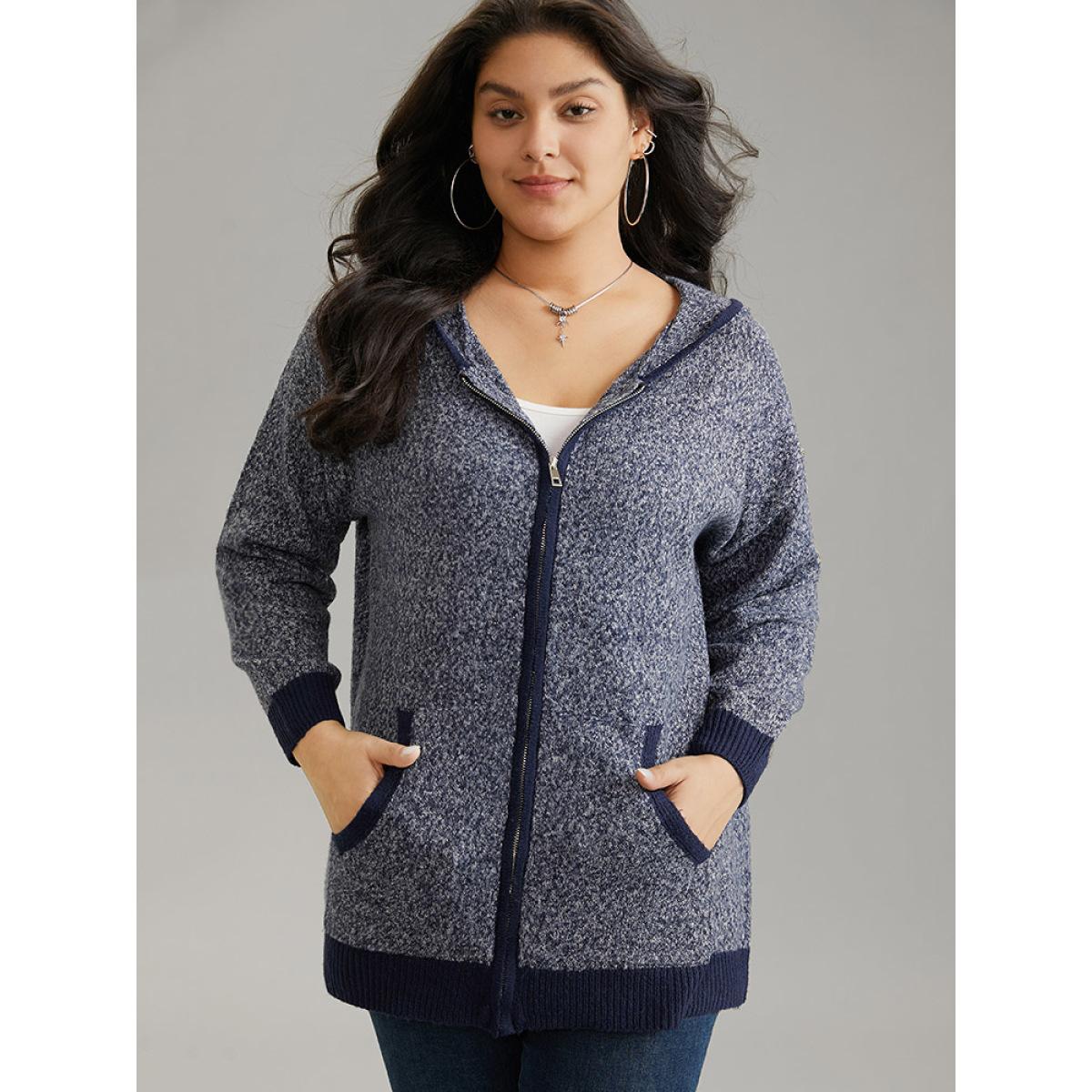 Plus Size Supersoft Essentials Contrast Trim Heather Pocket Zipper Cardigan Midnight Women Casual Loose Long Sleeve Dailywear Cardigans BloomChic 22-24/3X Product Image