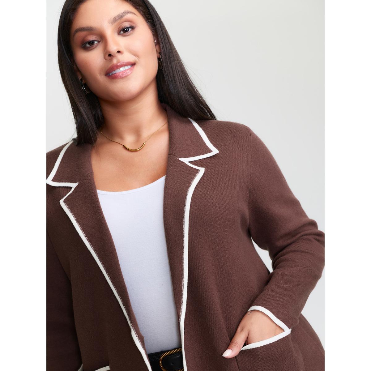 Plus Size Suit Collar Color Contrast Pockets Knit Cardigan Browncoffeecolor Women Loose Long Sleeve Office Cardigans BloomChic 14-16/1X Product Image