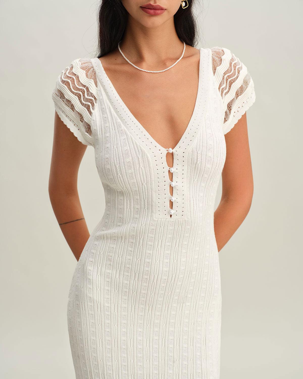White Crochet Bodycon Sweater Dress Product Image
