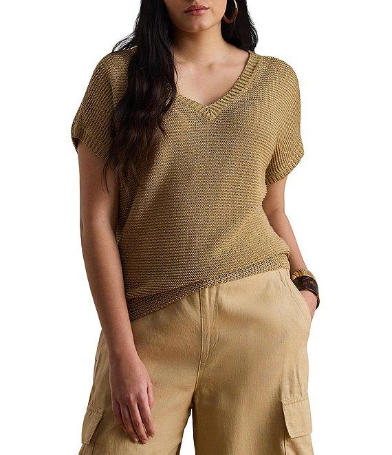 Lauren Ralph Lauren Plus Size Linen-Blend Ribbed V-Neck Short Dolman Sleeve Sweater Product Image