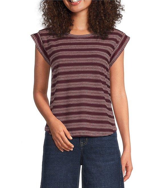 Democracy Stripe Scoop Neck Cap Sleeve Shirttail Hem Knit Top Product Image