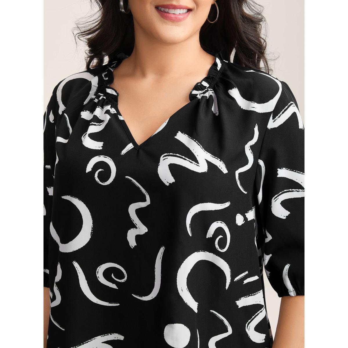 Plus Size Indigo Scribble Print Ruffled Split Neck Blouse Women Office Elbow-length sleeve Notched collar Office Blouses BloomChic 12/L Product Image