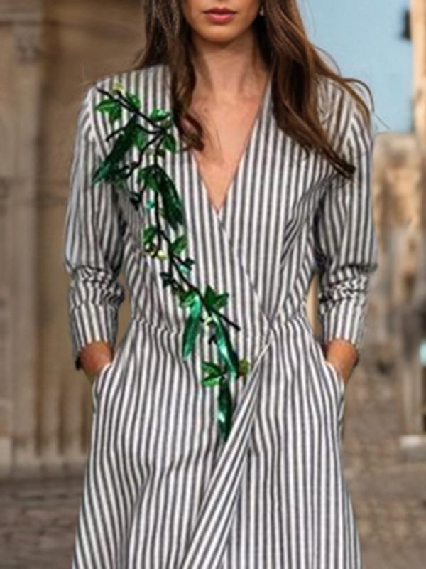 A-Line Loose Asymmetric Split-Joint Striped V-Neck Maxi Dresses Shirt Dress Product Image