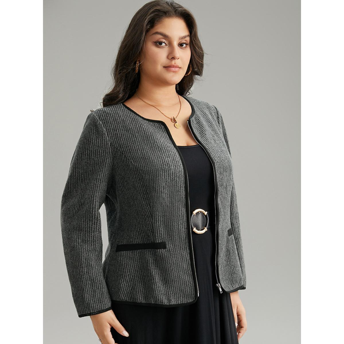 Plus Size Solid Textured Patchwork Zipper Pocket Blazer Women DimGray Office Texture Ladies Work Winter Coats BloomChic 18-20/2X Product Image