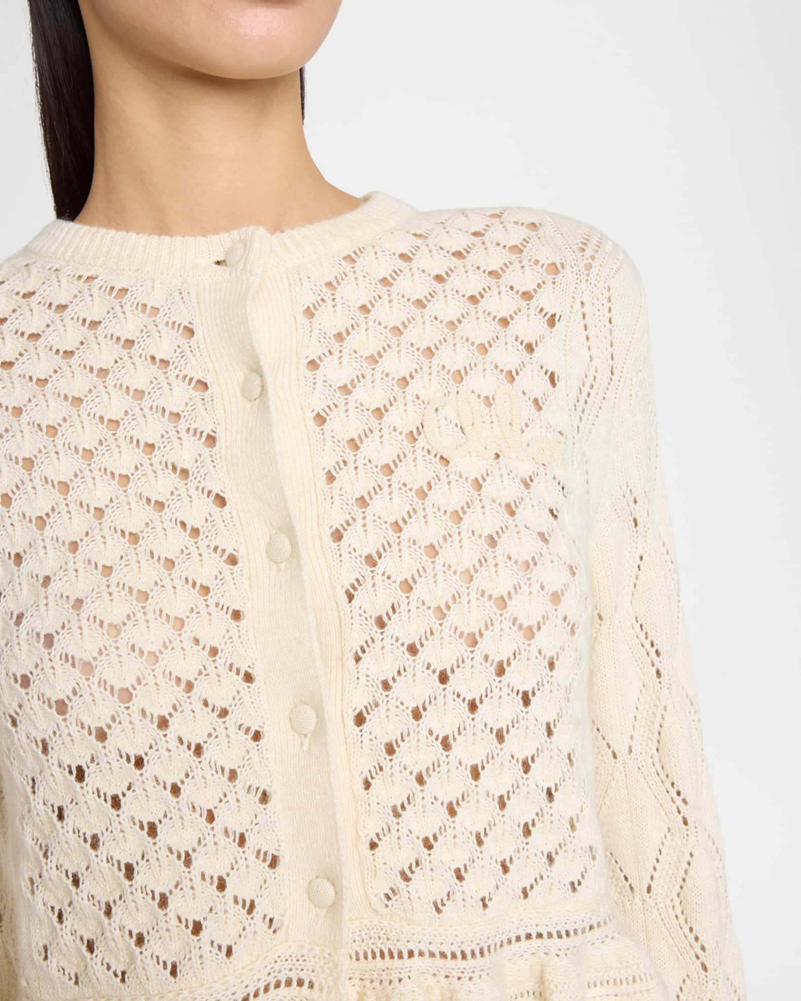 Open-Knit Ruffle Crewneck Cardigan Product Image