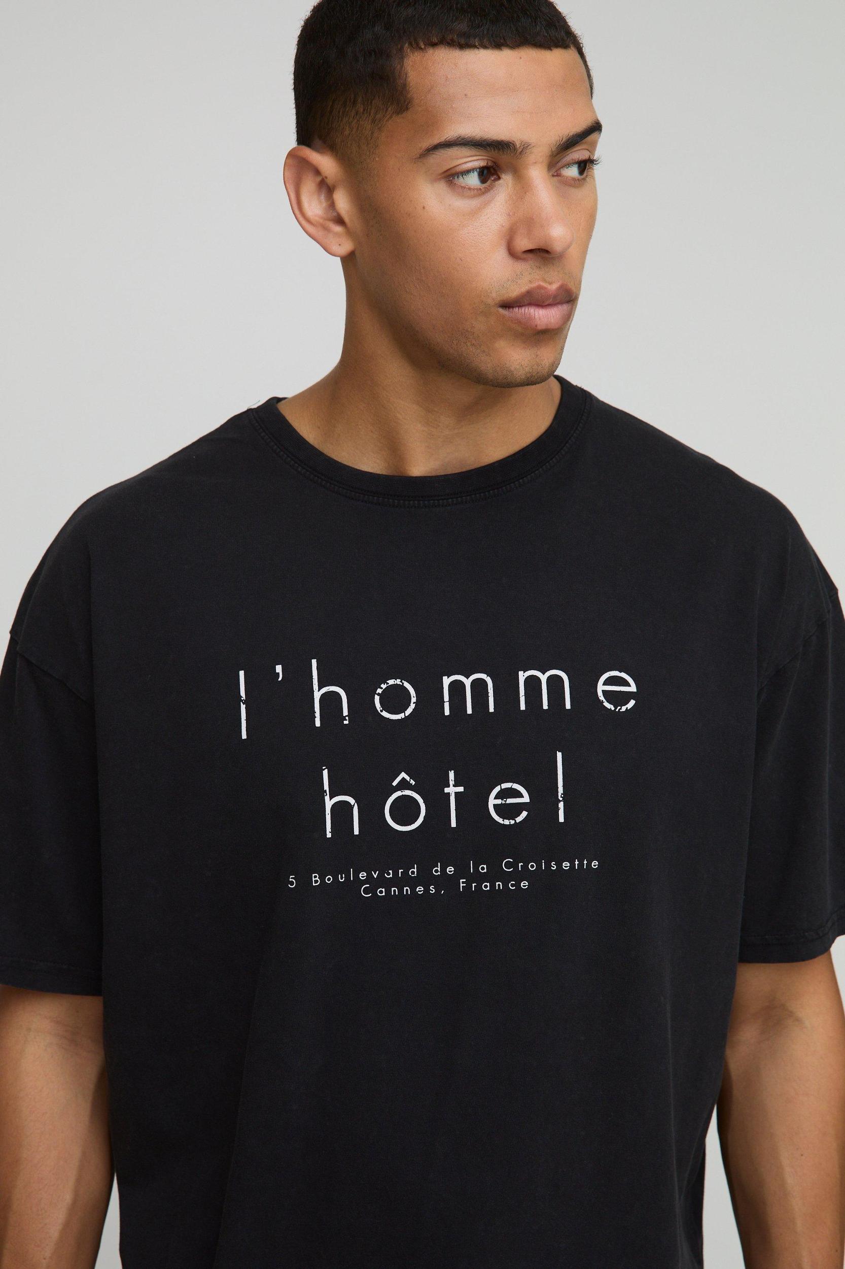 Black Oversized L'Homme Hotel Washed Printed T-Shirt | boohooMAN USA Product Image