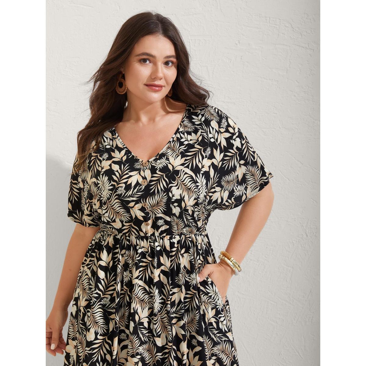 Plus Size Rayon Floral Print Button Detail Midi Dress BlackFlower Women V-neck Cap Sleeve Curvy BloomChic 18-20/2X Product Image