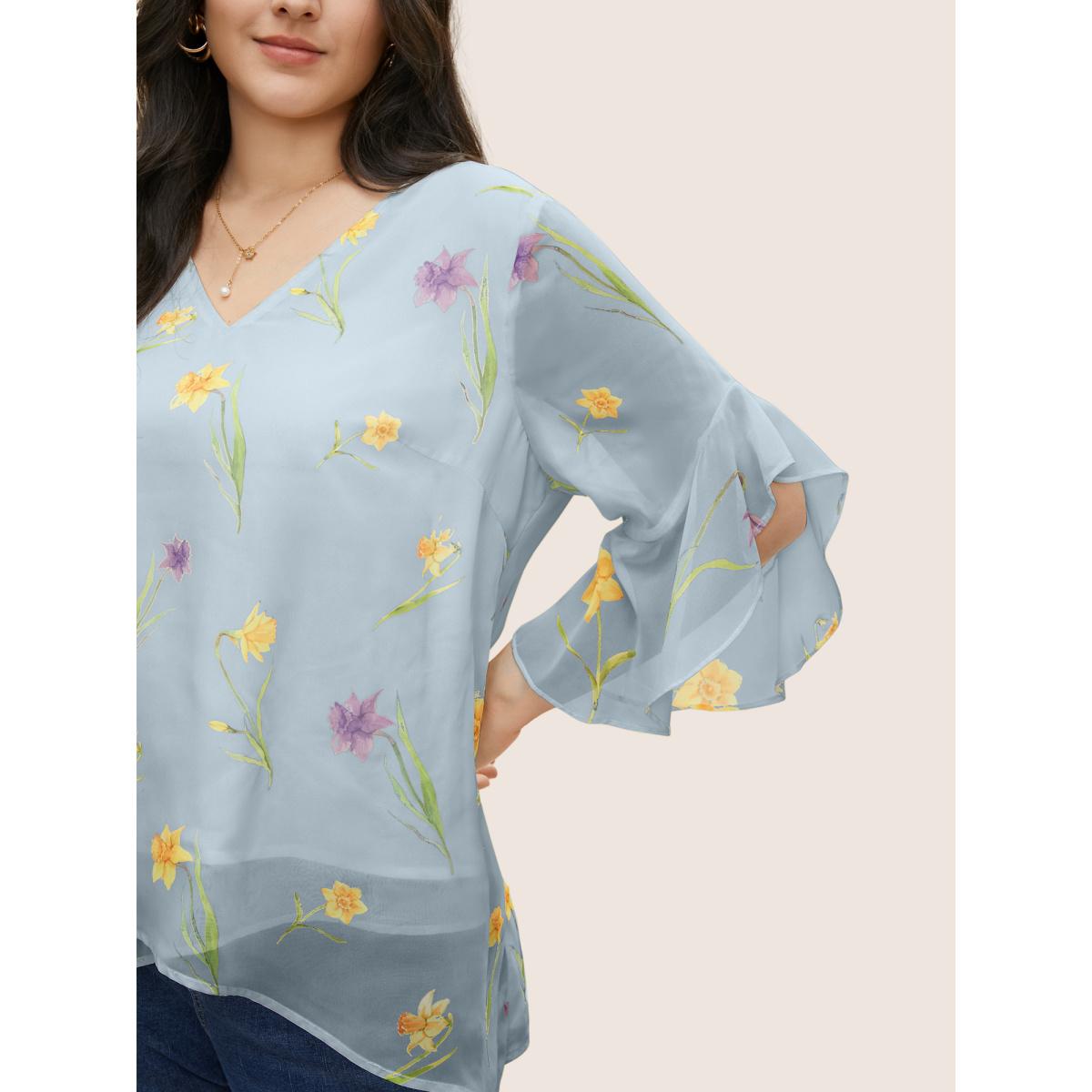 Plus Size Stone Floral Tiered Mesh Asymmetrical Hem Blouse Women Elegant Everyday Blouses BloomChic 28/5X Product Image