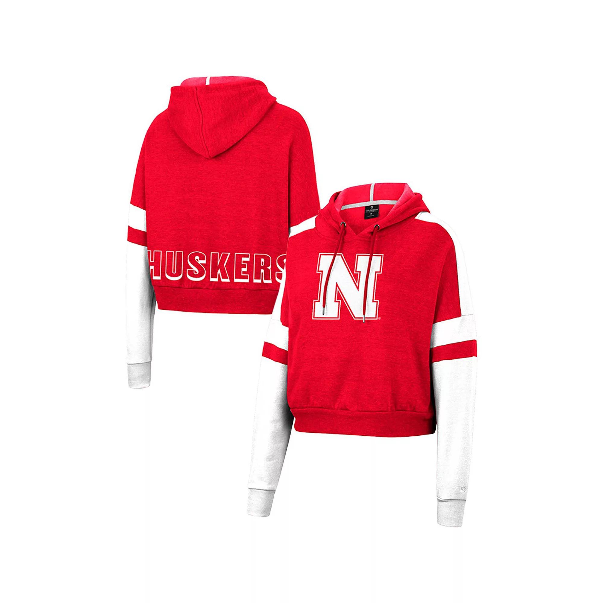 Women's Colosseum Scarlet Nebraska Huskers Throwback Stripe Arch Logo Cropped Pullover Hoodie, Size: 2XL, Red Product Image
