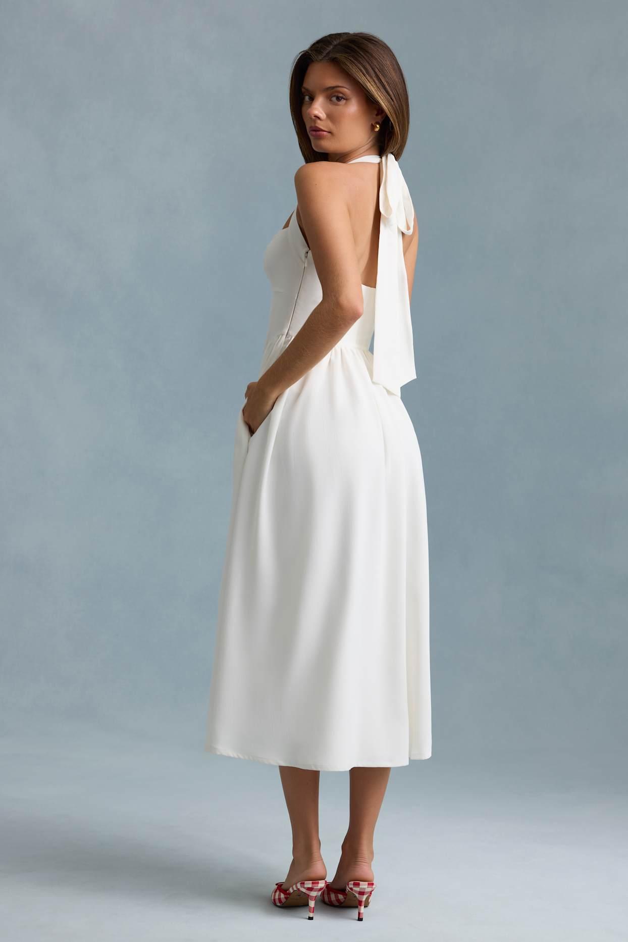 Button-Detail Halterneck Midaxi Dress in White Product Image