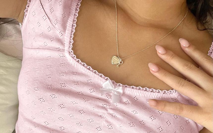 Cap Sleeve / Long Sleeve Square-Neck Lace-Trim Bow Accent Plain Pointelle Crop Top Product Image