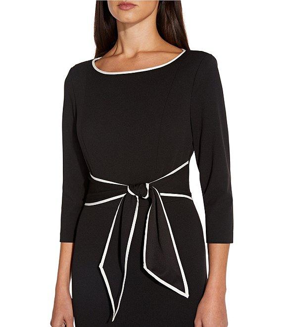 Adrianna Papell Contrasting Trim Boat Neck 3/4 Sleeve Tie Waist Crepe Sheath Dress Product Image