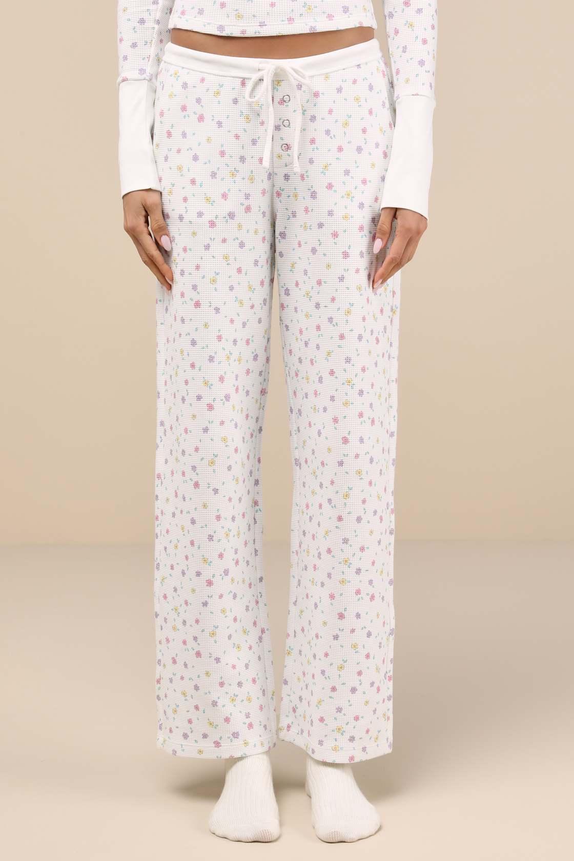 Cabin White Floral Waffle Knit Pants Product Image